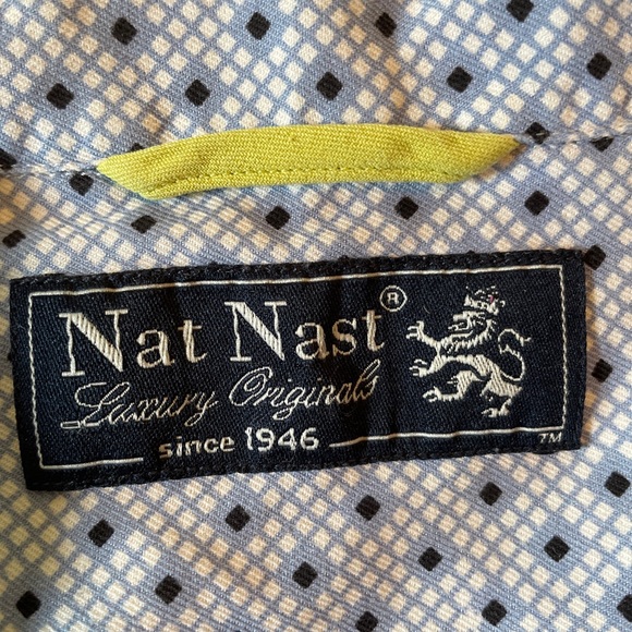NAT NAST Size Large 100% Silk Camp Shirt MCM vibes  White / Blue Print SOPRANOS - Picture 9 of 15